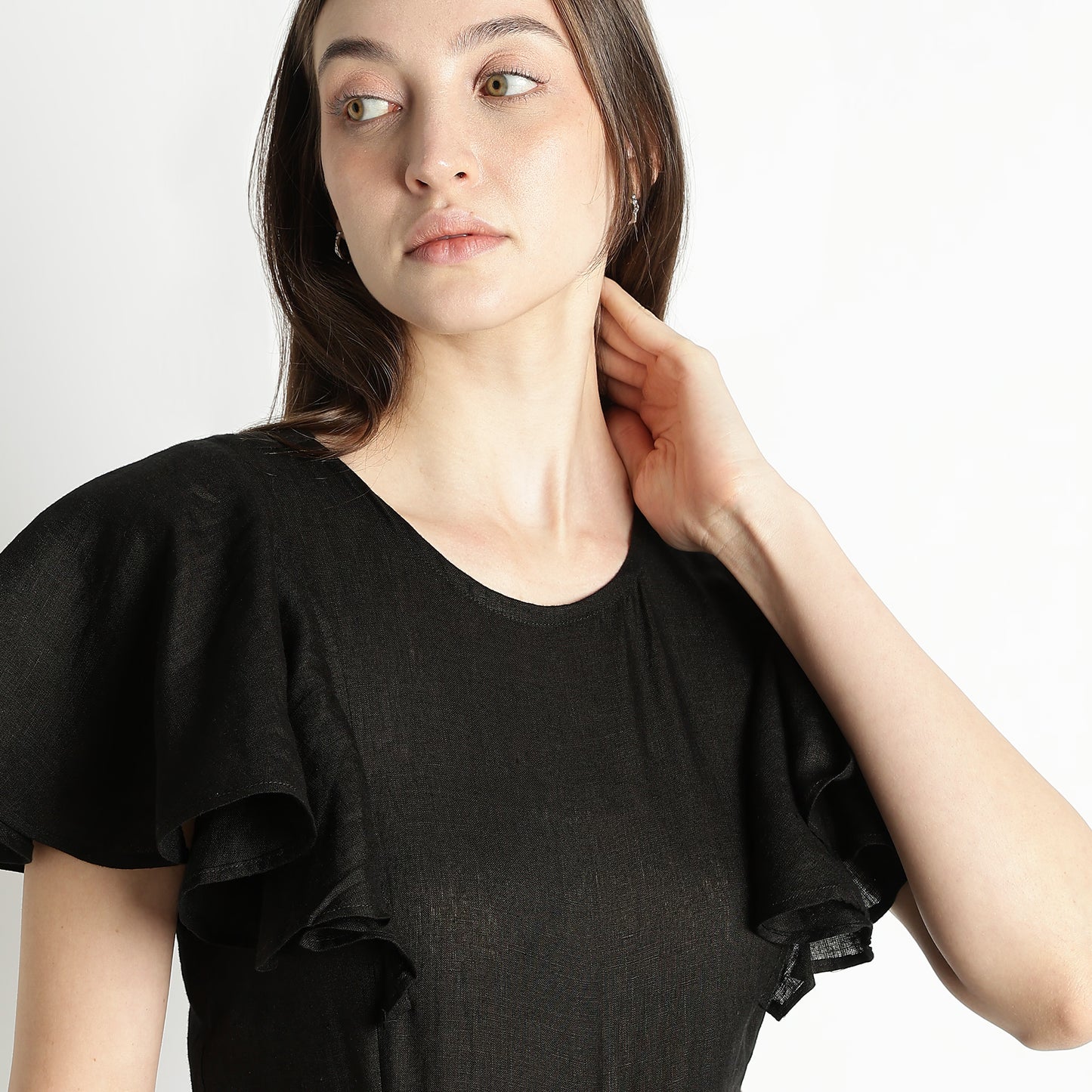 Verona – Fluid Ruffle Sleeve Linen Jumpsuit – Noiré