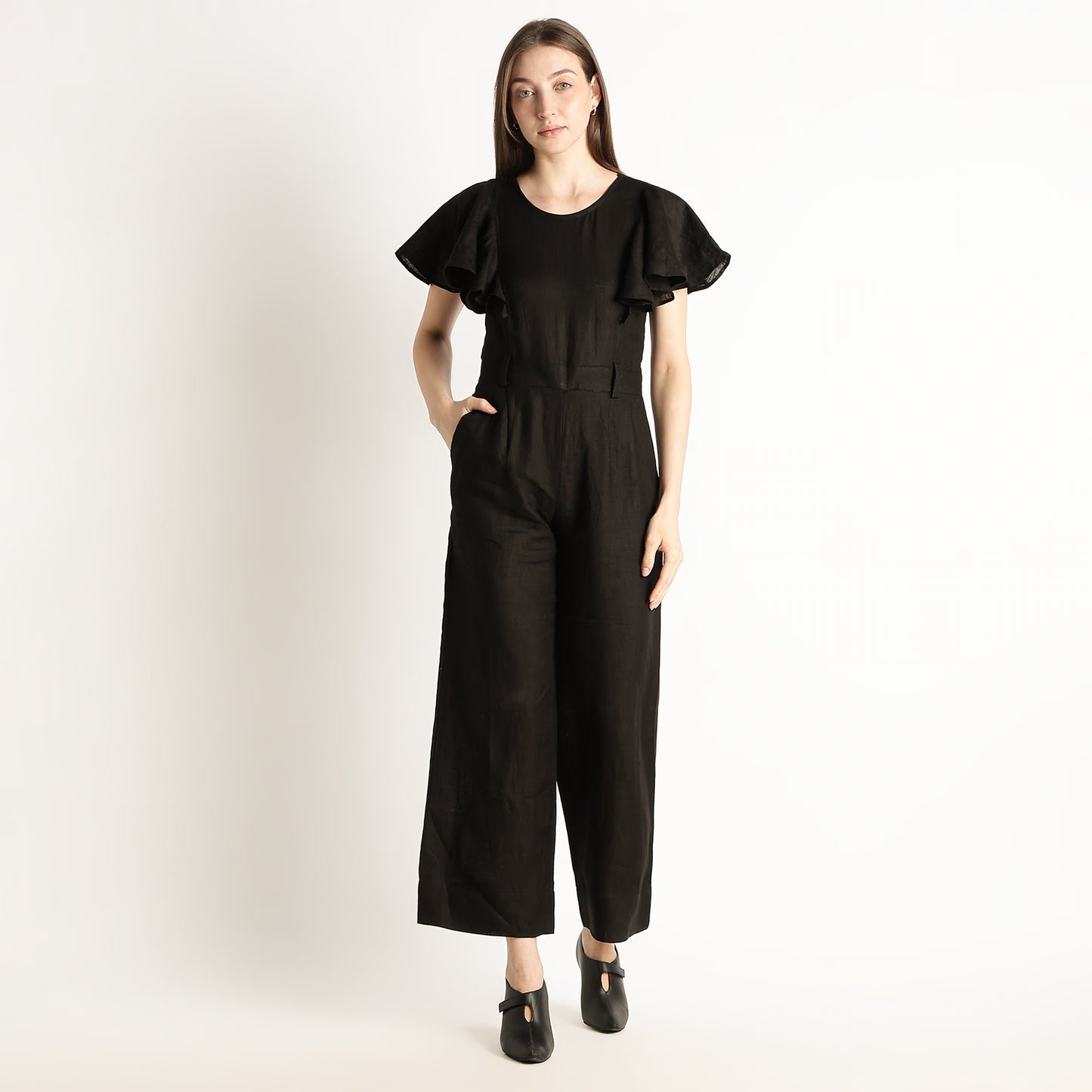 Verona – Fluid Ruffle Sleeve Linen Jumpsuit – Noiré