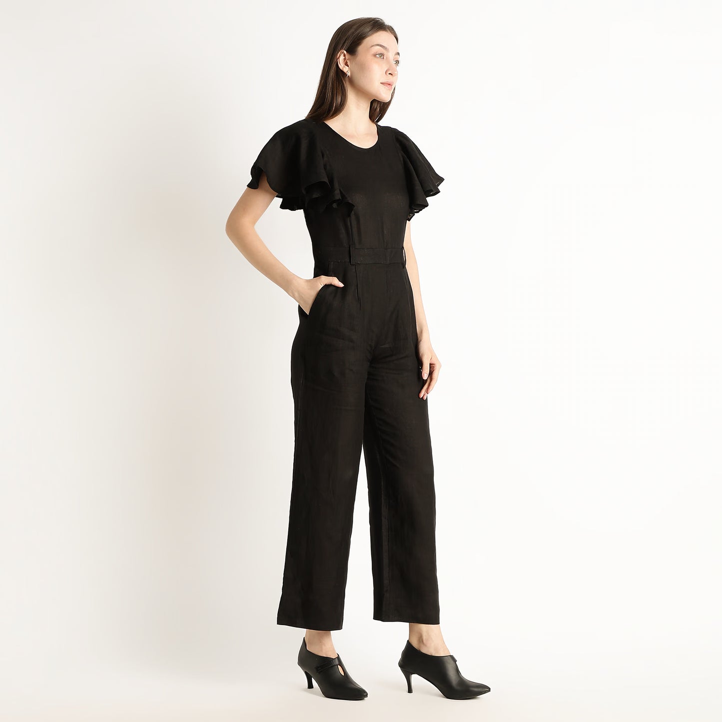 Verona – Fluid Ruffle Sleeve Linen Jumpsuit – Noiré