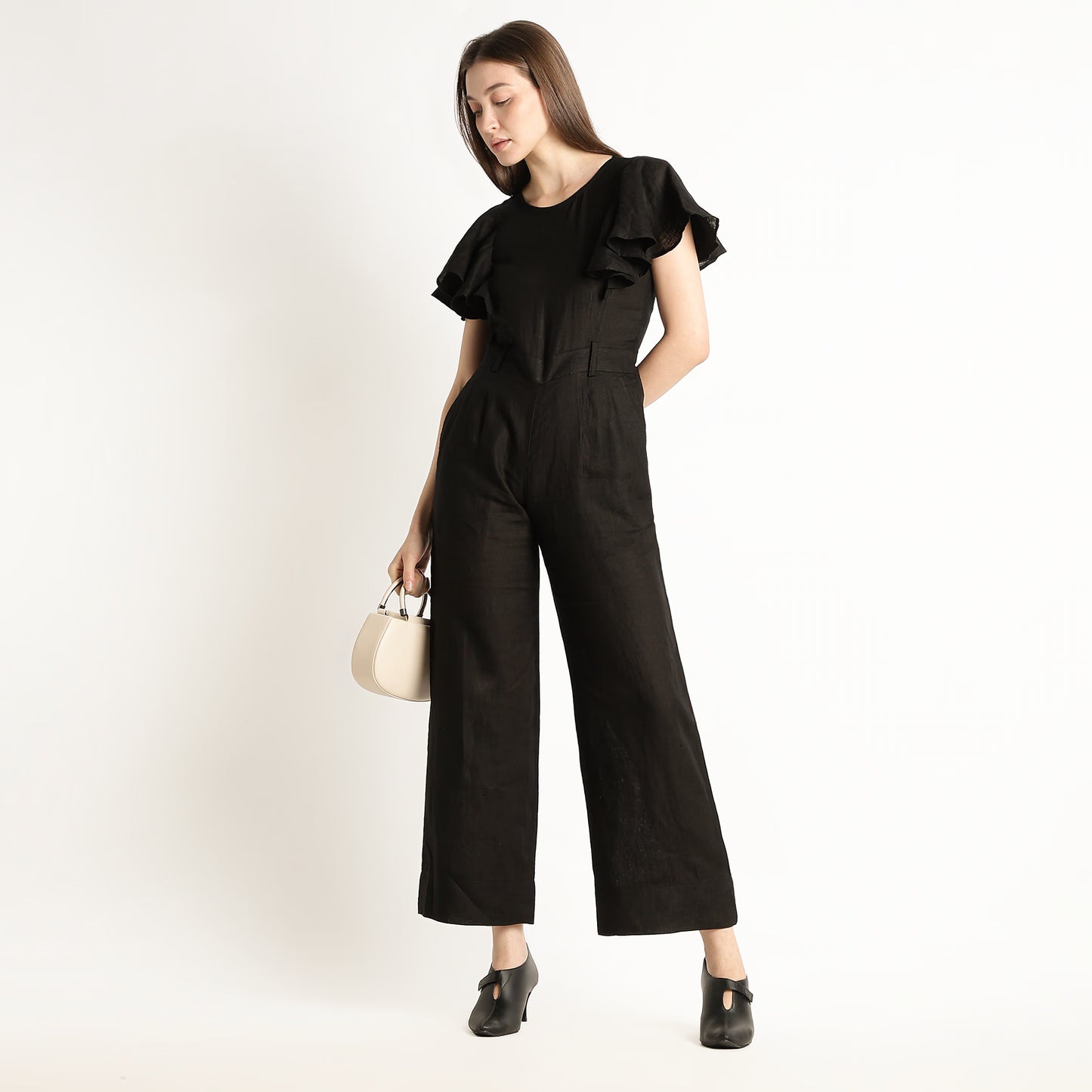 Verona – Fluid Ruffle Sleeve Linen Jumpsuit – Noiré