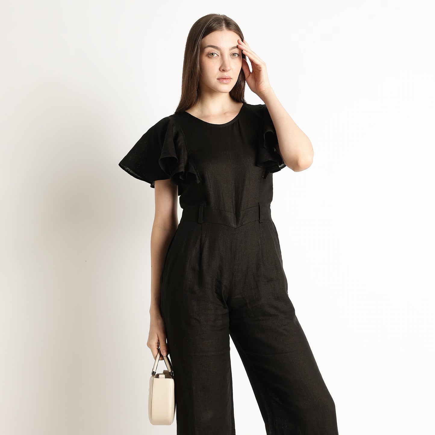 Verona – Fluid Ruffle Sleeve Linen Jumpsuit – Noiré