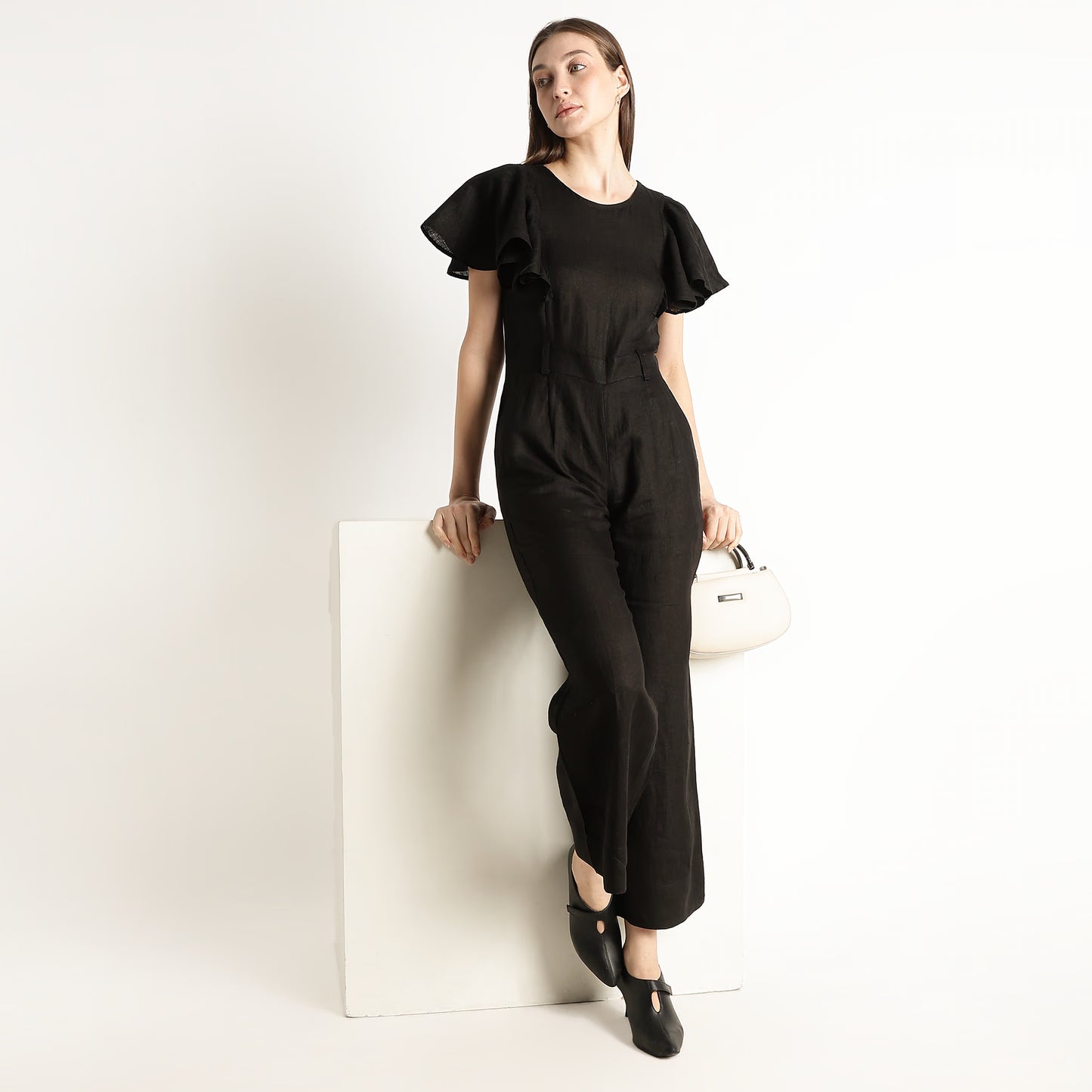 Verona – Fluid Ruffle Sleeve Linen Jumpsuit – Noiré
