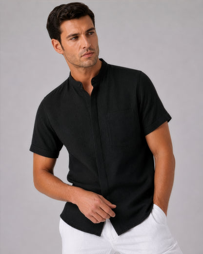 Linho – Luxury Band Collar Concealed Placket 100% Pure Linen Shirt – Noiré