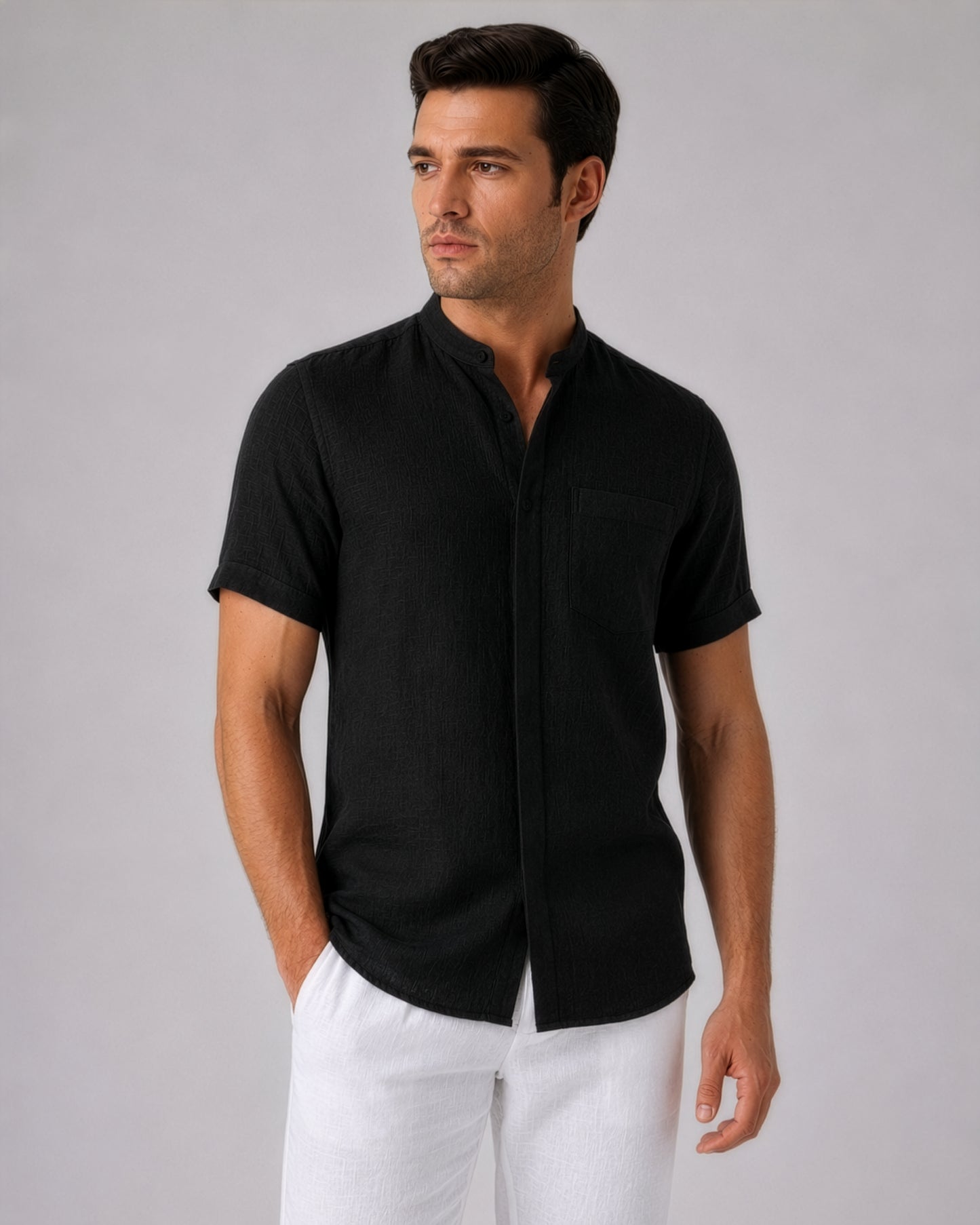 Linho – Luxury Band Collar Concealed Placket 100% Pure Linen Shirt – Noiré