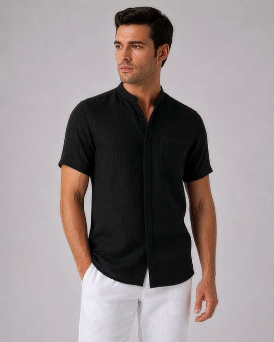 Linho – Luxury Band Collar Concealed Placket 100% Pure Linen Shirt – Noiré