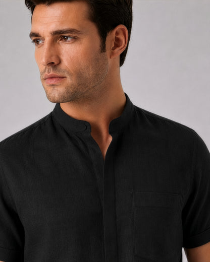 Linho – Luxury Band Collar Concealed Placket 100% Pure Linen Shirt – Noiré
