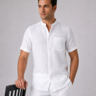 Linho – Luxury Band Collar Concealed Placket 100% Pure Linen Shirt – Blanc
