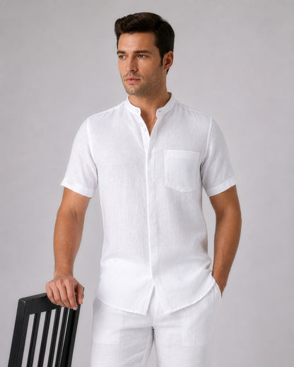 Linho – Luxury Band Collar Concealed Placket 100% Pure Linen Shirt – Blanc