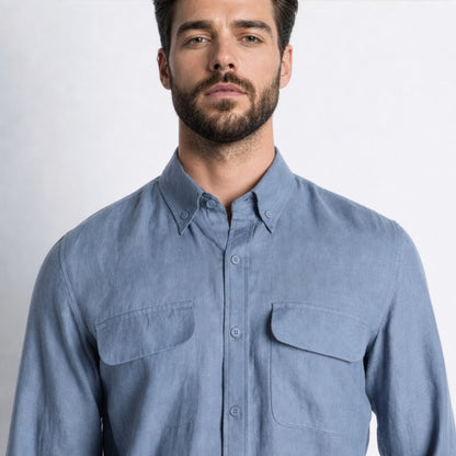 Texas – Classic American Double Pocket Linen Shirt – Steel Blue