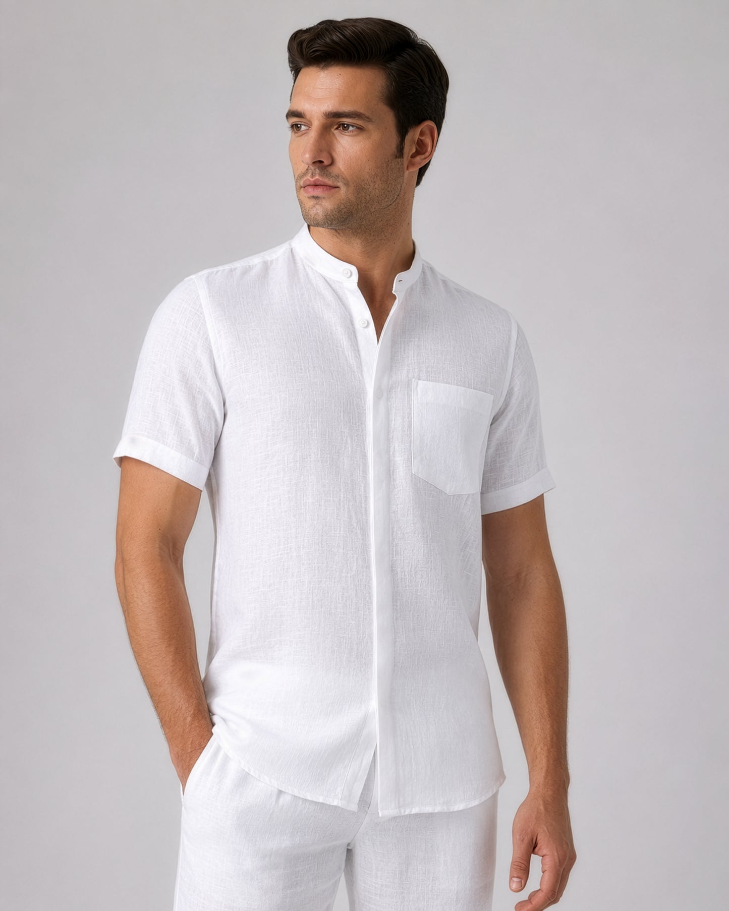 Linho – Luxury Band Collar Concealed Placket 100% Pure Linen Shirt – Blanc