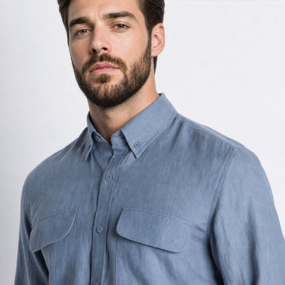 Texas – Classic American Double Pocket Linen Shirt – Steel Blue
