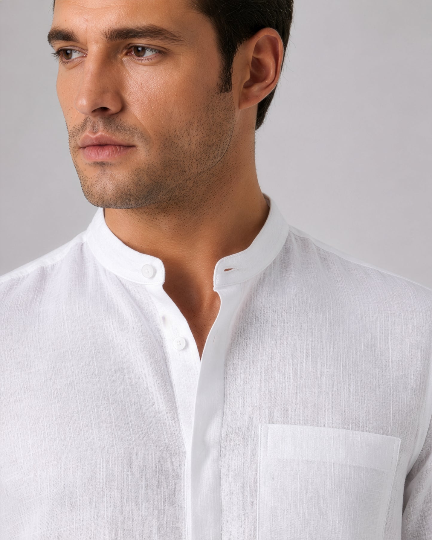 Linho – Luxury Band Collar Concealed Placket 100% Pure Linen Shirt – Blanc