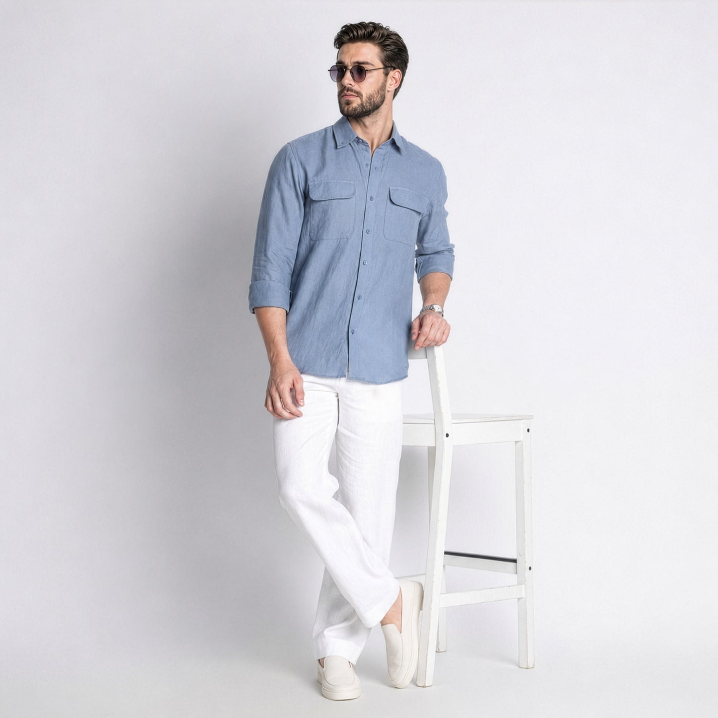 Texas – Classic American Double Pocket Linen Shirt – Steel Blue