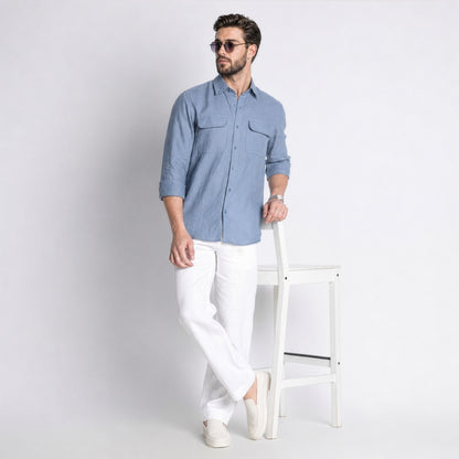 Texas – Classic American Double Pocket Linen Shirt – Steel Blue
