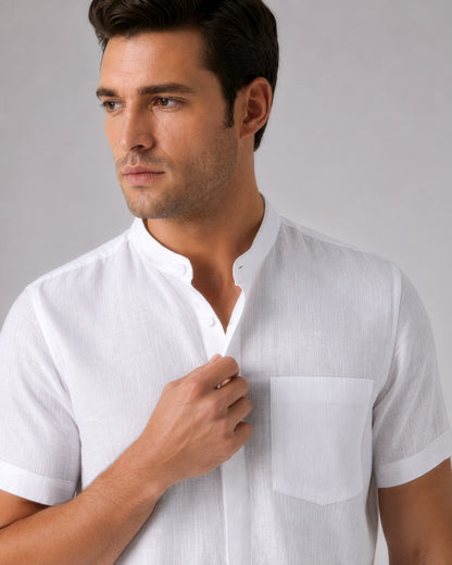 Linho – Luxury Band Collar Concealed Placket 100% Pure Linen Shirt – Blanc
