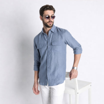 Texas – Classic American Double Pocket Linen Shirt – Steel Blue