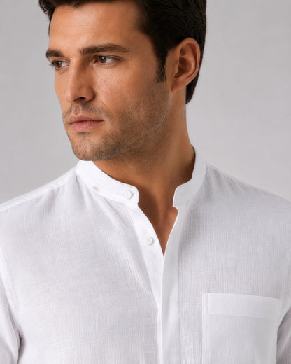 Linho – Luxury Band Collar Concealed Placket 100% Pure Linen Shirt – Blanc