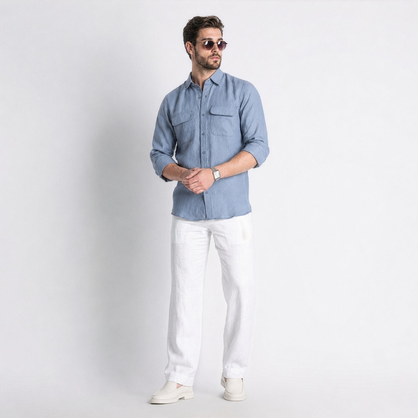 Texas – Classic American Double Pocket Linen Shirt – Steel Blue