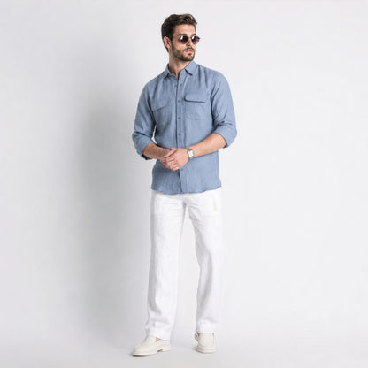 Texas – Classic American Double Pocket Linen Shirt – Steel Blue