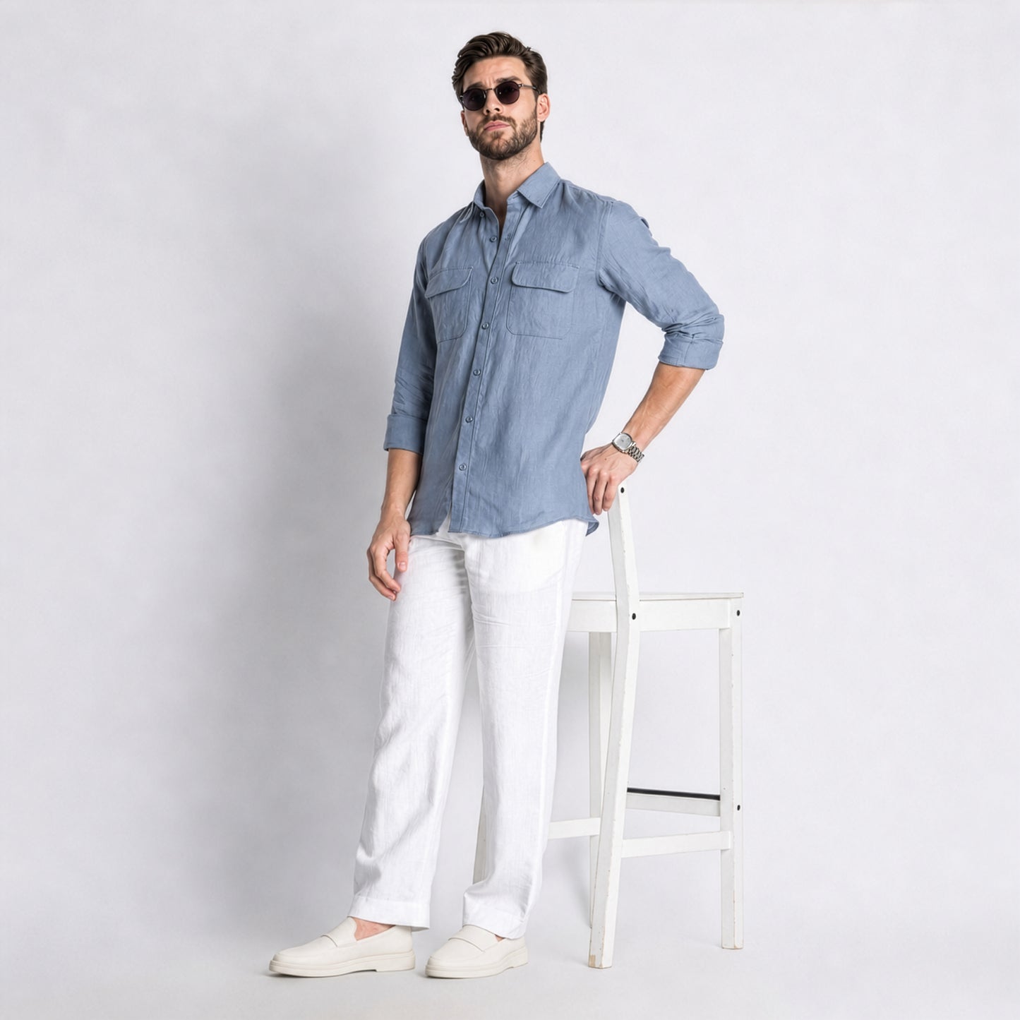 Texas – Classic American Double Pocket Linen Shirt – Steel Blue