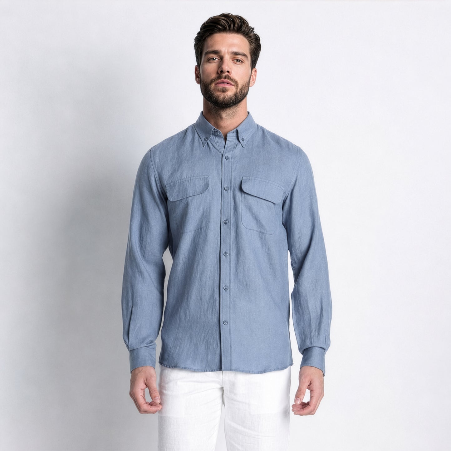 Texas – Classic American Double Pocket Linen Shirt – Steel Blue