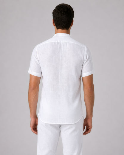 Linho – Luxury Band Collar Concealed Placket 100% Pure Linen Shirt – Blanc