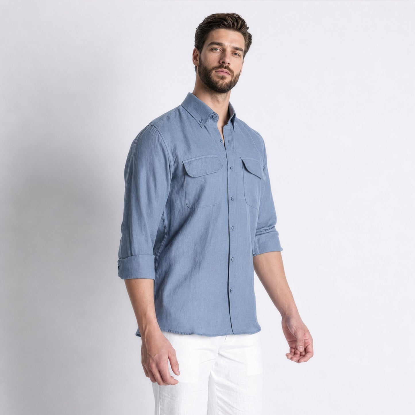 Texas – Classic American Double Pocket Linen Shirt – Steel Blue