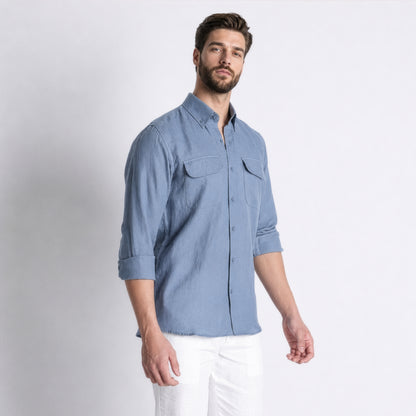 Texas – Classic American Double Pocket Linen Shirt – Steel Blue