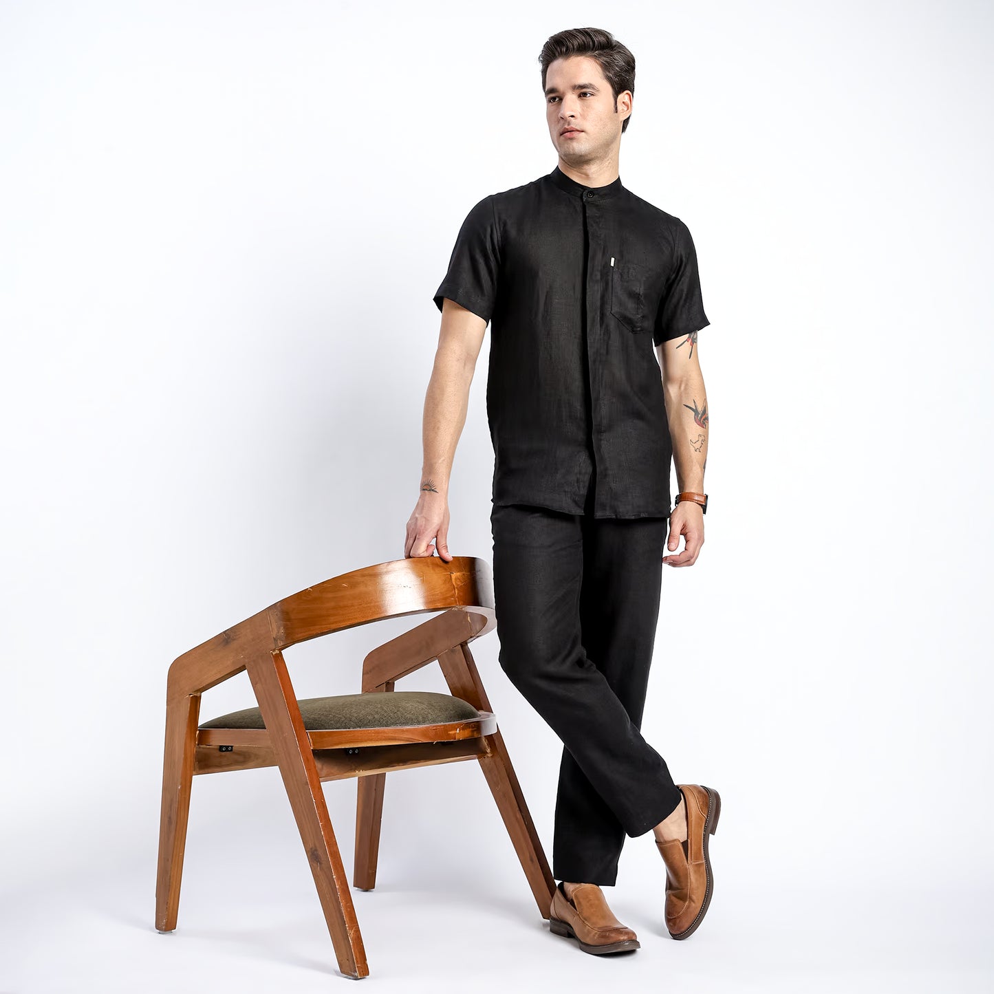 Linho – Luxury Band Collar Concealed Placket 100% Pure Linen Shirt – Noiré