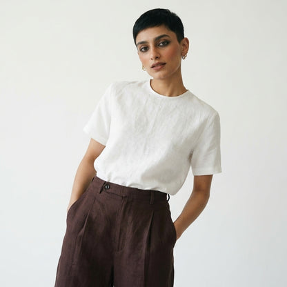 Sera – Woven Linen Shoulder Zip Tee – Blanc