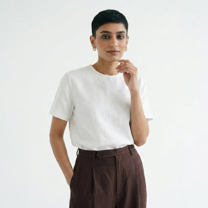 Sera – Woven Linen Shoulder Zip Tee – Blanc