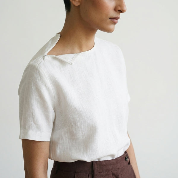 Sera – Woven Linen Shoulder Zip Tee – Blanc