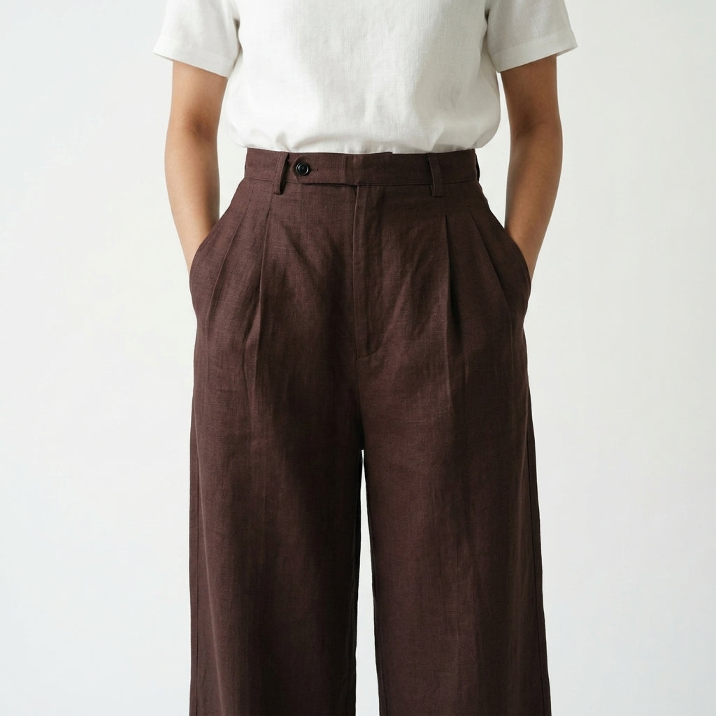 Pura – High-Waisted Pleated Linen Trousers – Coffee