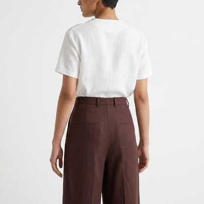Pura – High-Waisted Pleated Linen Trousers – Coffee