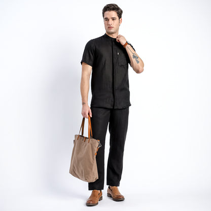 Linho – Luxury Band Collar Concealed Placket 100% Pure Linen Shirt – Noiré