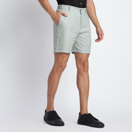 BANGKOK men’s tailored pleated linen shorts in olive crafted from European flax linen