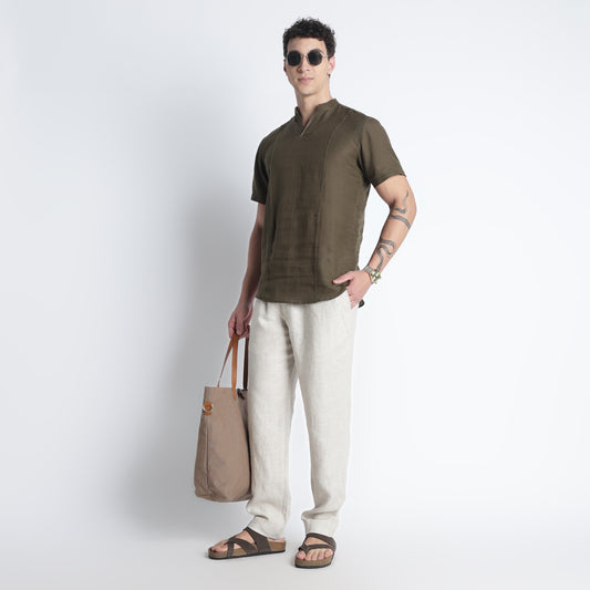 CHICAGO DEEP men’s linen-woven T-shirt in dark olive crafted from European flax linen