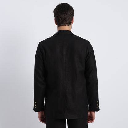 Classic men’s black linen double-breasted blazer with a structured finish