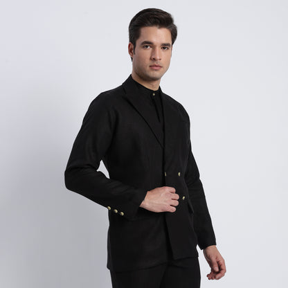 Classic men’s black linen double-breasted blazer with a structured finish