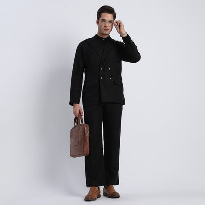 Tailored men’s black linen double-breasted blazer for formal and smart-casual wear