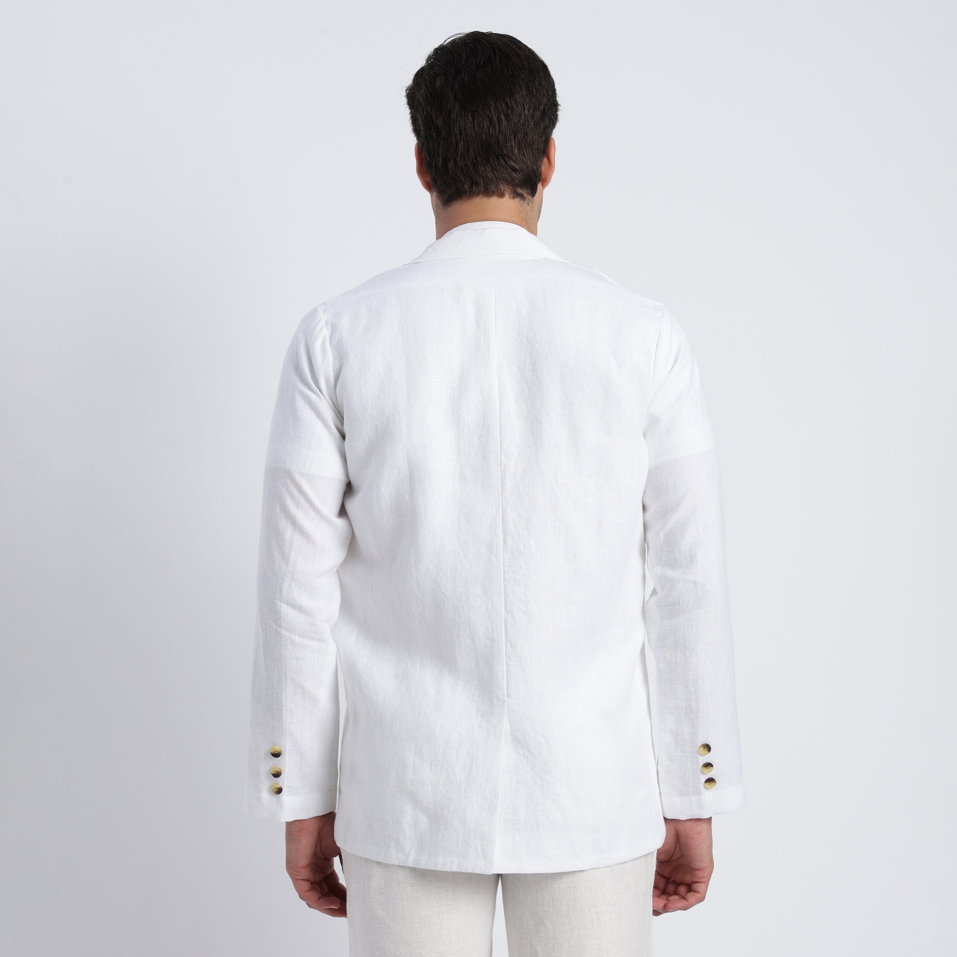 Men’s white linen double-breasted blazer crafted from breathable European flax linen