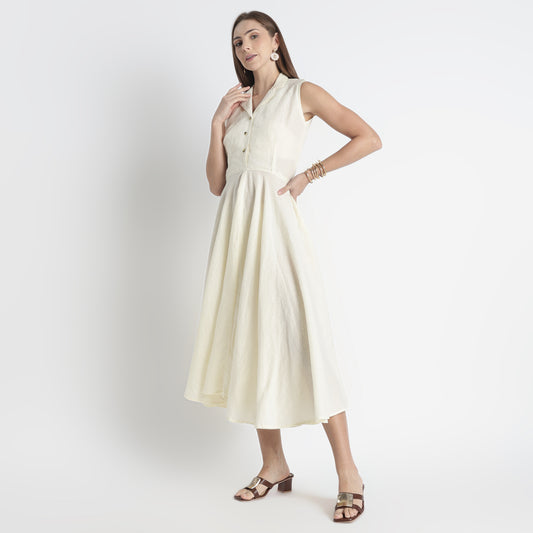Breathable European flax linen midi shirt dress in soft butter colour