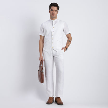 Men’s white linen waistcoat featuring a deep V-neckline and six-button closure