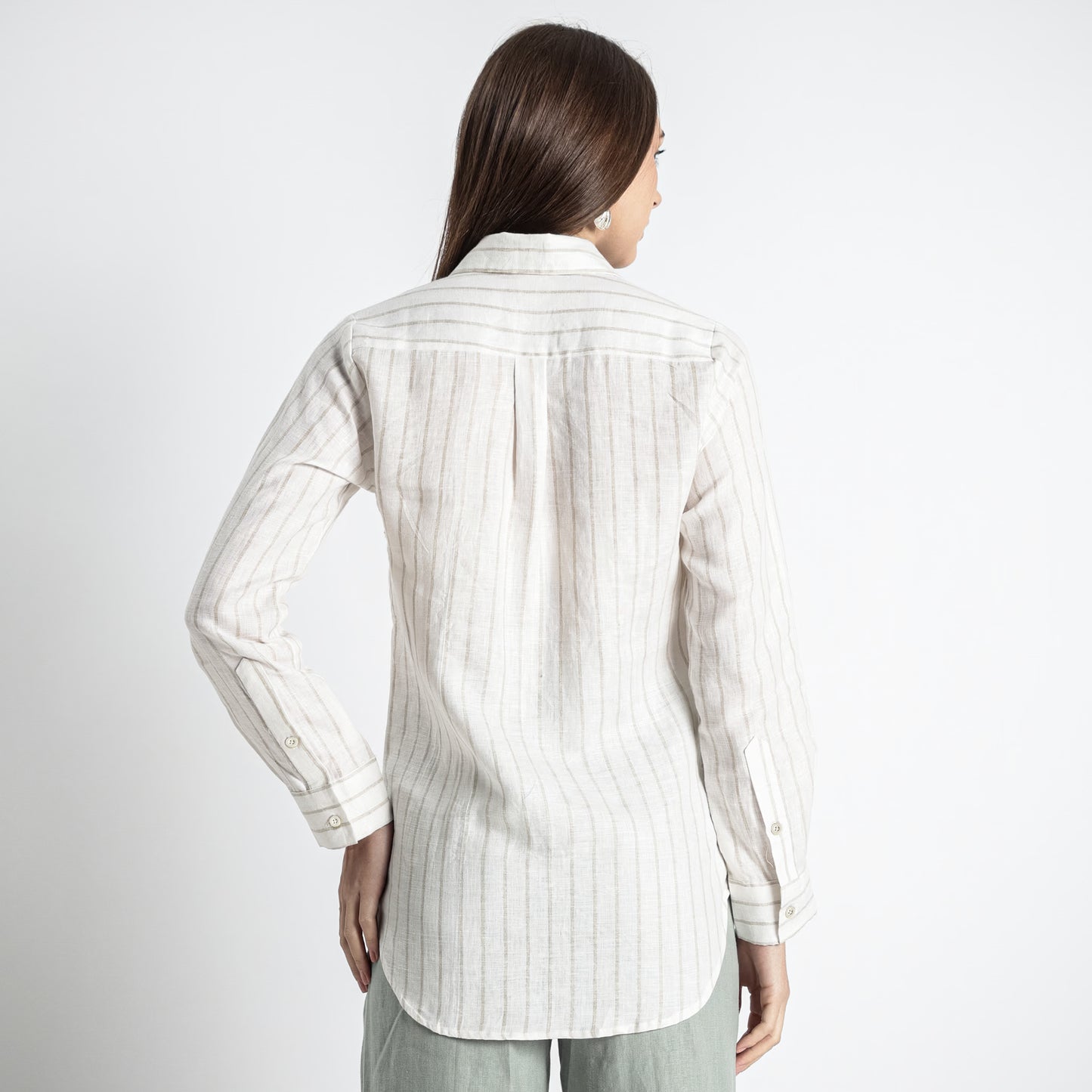 Ais – French Double Cuff Linen Shirt – Sand Blanc Stripes