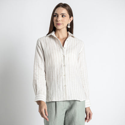 Ais – French Double Cuff Linen Shirt – Sand Blanc Stripes