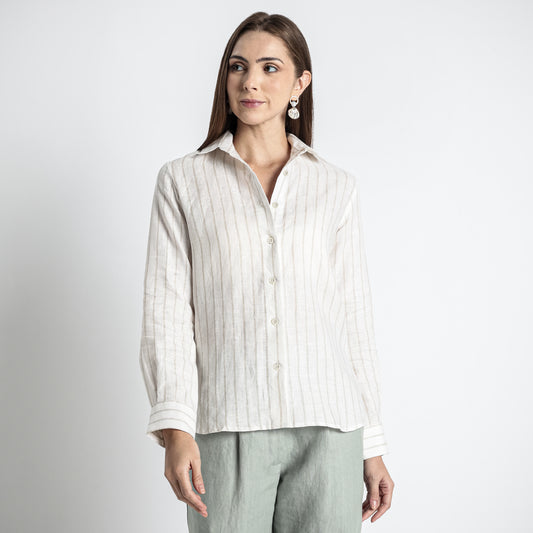 Ais – French Double Cuff Linen Shirt – Sand Blanc Stripes