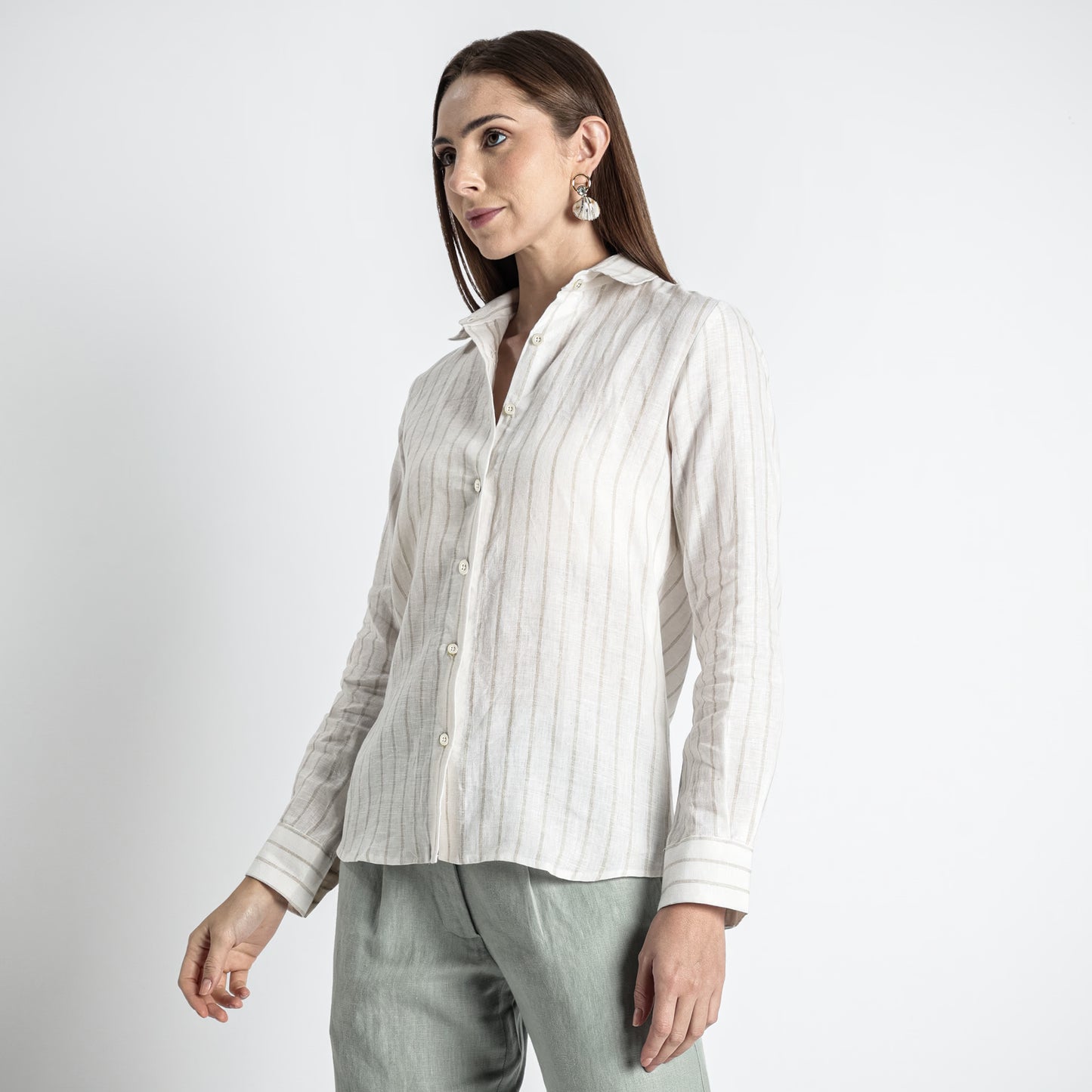 Ais – French Double Cuff Linen Shirt – Sand Blanc Stripes