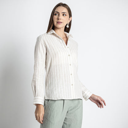 Ais – French Double Cuff Linen Shirt – Sand Blanc Stripes
