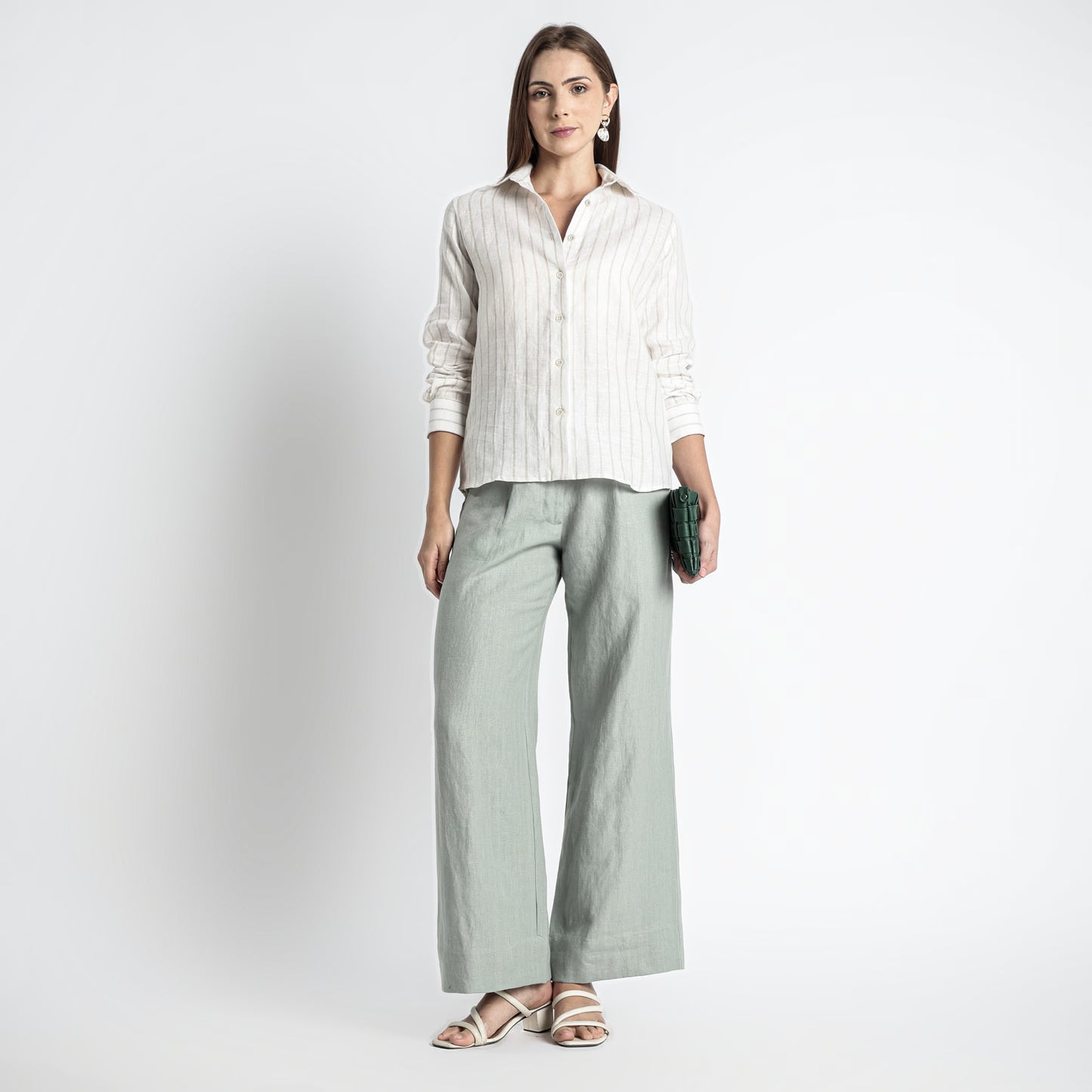 Ais – French Double Cuff Linen Shirt – Sand Blanc Stripes