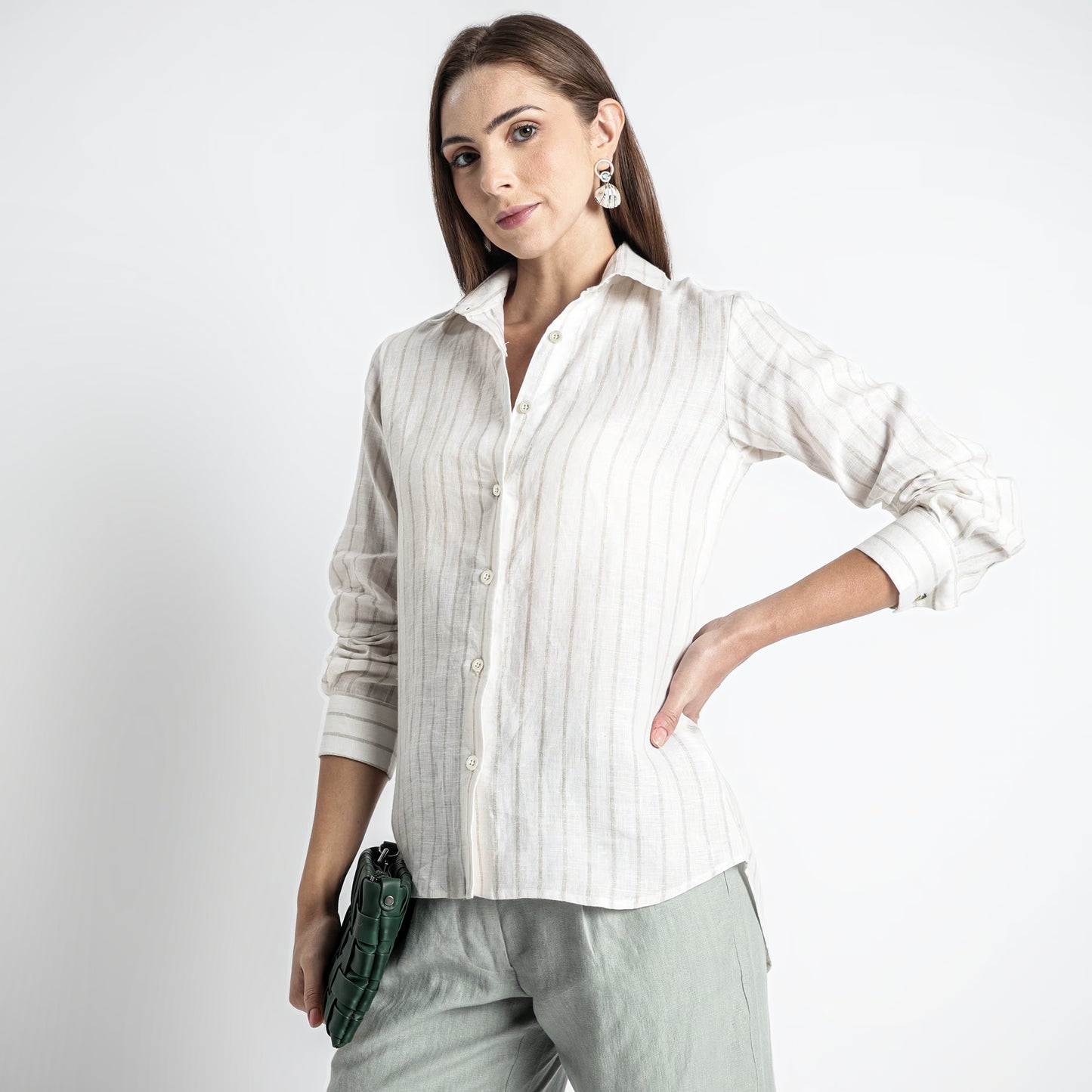 Ais – French Double Cuff Linen Shirt – Sand Blanc Stripes